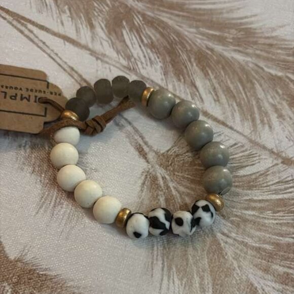 Boho Wood Bead Stretch Bracelet Gray & White - Picture 2 of 5